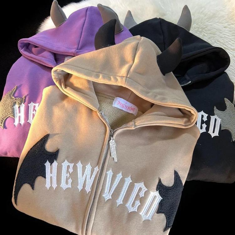 Women Gothic Embroidered Zip Up Hoodie Casual Loose Long Sleeve Sweatshirt Retro Couple Fashion Devil Hooded Autumn Winter