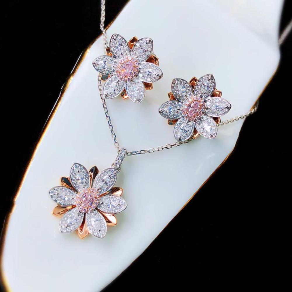 

Spring Lotus Pink Diamond Jewelry Set for Women Open Ring Pendant Earrings Necklace