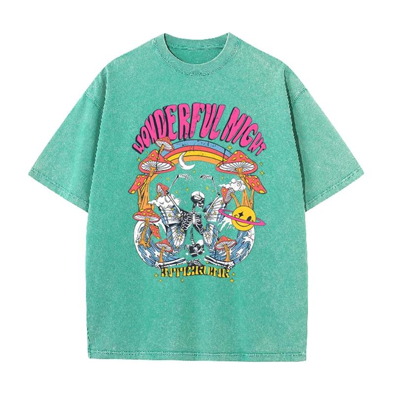 Psychedelic Skeleton Mushroom Print Vintage Washed Green Casual Streetwear T Shirt S
