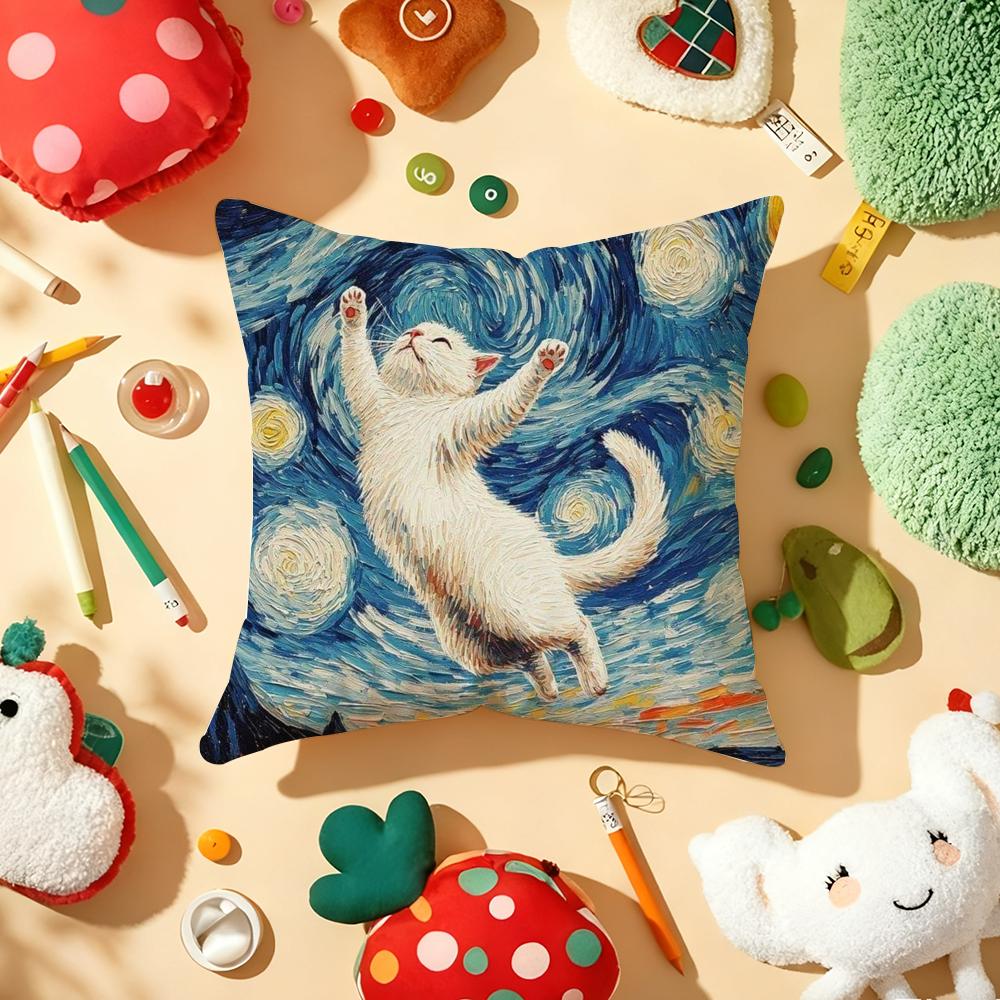 Van Gogh Starry Sky Kawaii Cat Pillow Case Plush Fabric Soft Double-Sided Printed Sofa Warm Winter Home Gift Cushion Cover