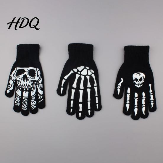 Funny Scary Party Costume Props Halloween Glow‑In‑The‑Dark Skeleton Knit Gloves Luminous Skull Bone Print Atmospheric Photo Full‑Finger