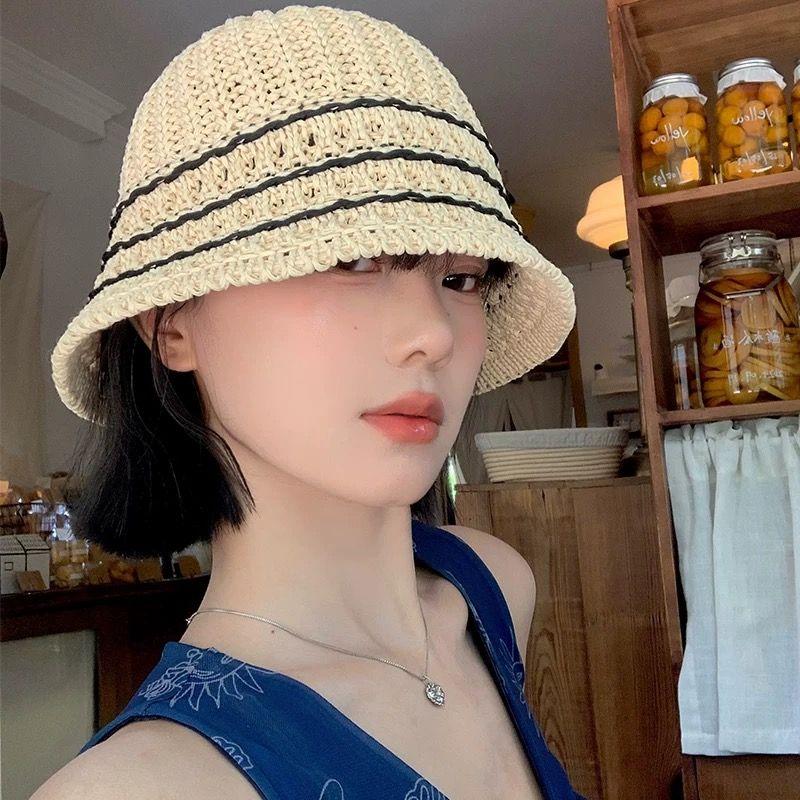 

Summer Weaving Cut Out Fisherman Hat Wig Women s Short Hair Sun-Proof and Breathable Casual All-Matching Fashion Bald Head Makes Face Look Smaller Beige + short black hair +(3 piece set)