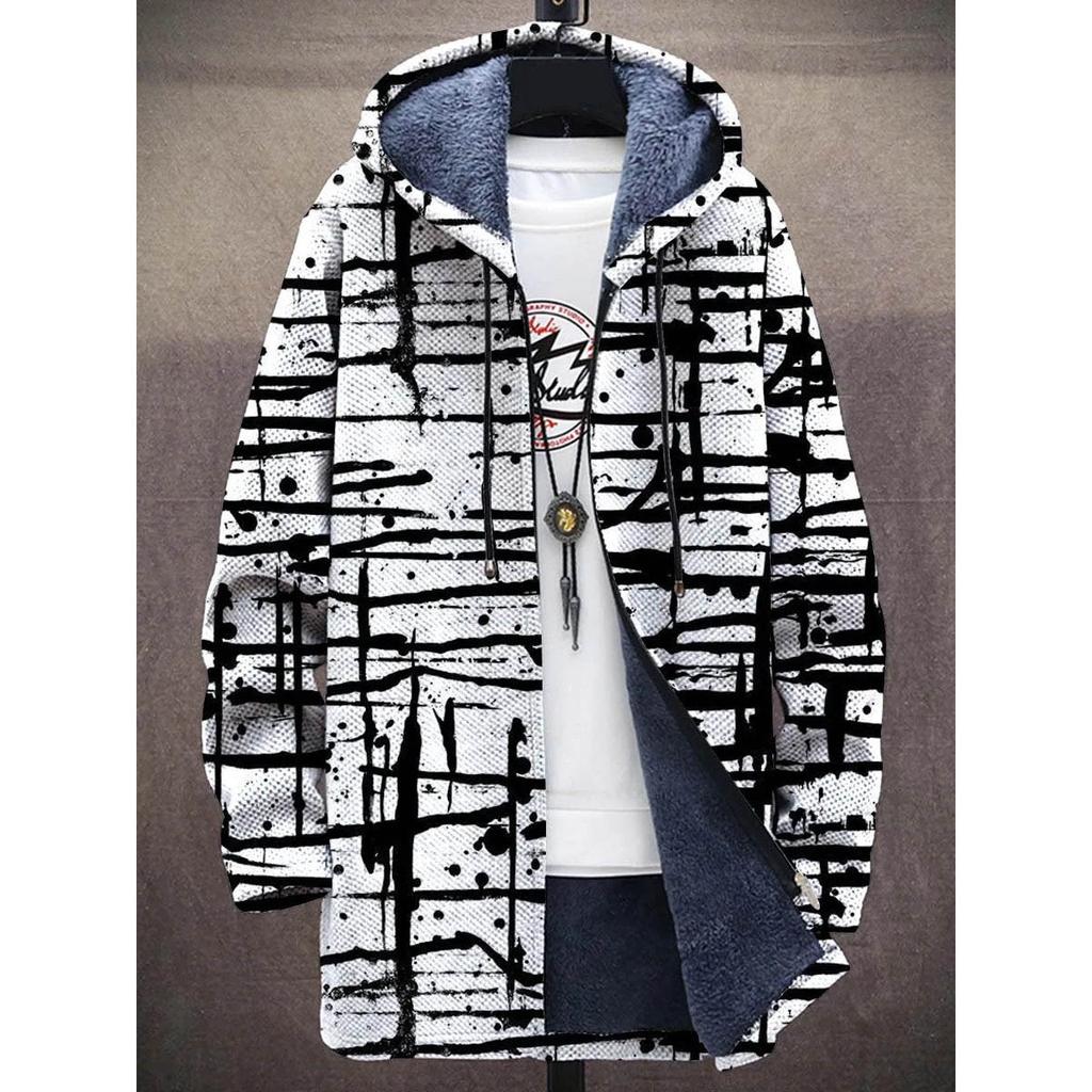 Men Cardigans Coats Geometric Stripe Square Printed Plush Thick Winter Abstract Art Graphics Jackets Casual Streetwear Clothing