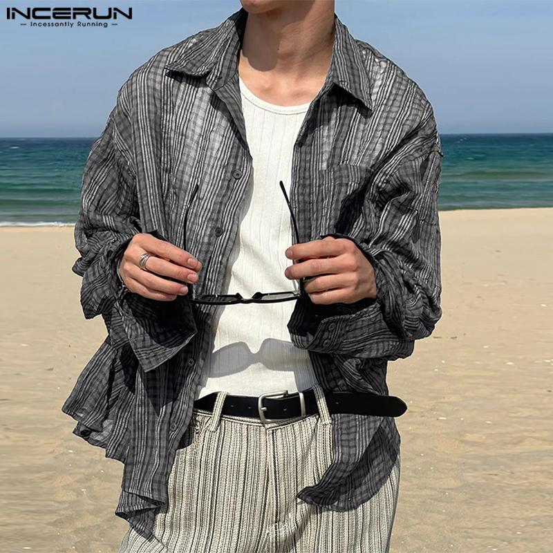 INCERUN Men Casual Loose Lapel Long Sleeve Striped Print Shirts Tops
