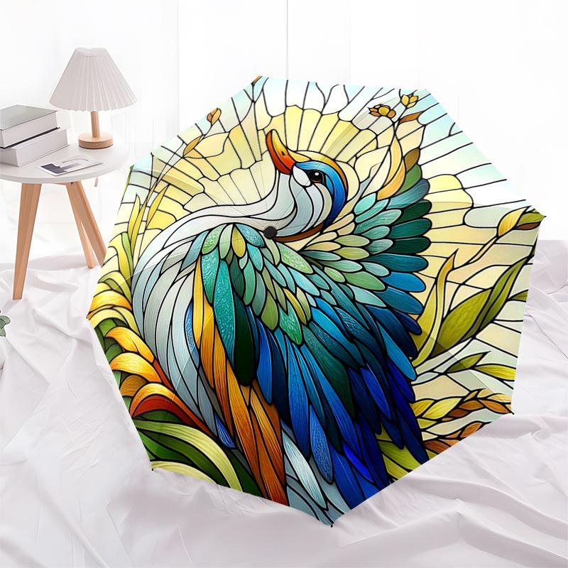 1pc Stained Glass Crane Design Automatic Opening Folding Umbrella with 8-Bone Iron Frame, Suitable for Fans, Travel, Daily Use, and Festive Gifts.SS06