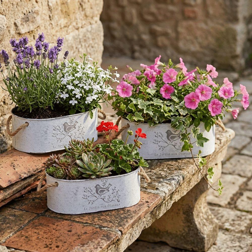 Vintage Style Iron Flower Bucket Distressed Finish Wear-resistant Metal Flower Pot Double Handle Decorative Pot Flower Vase