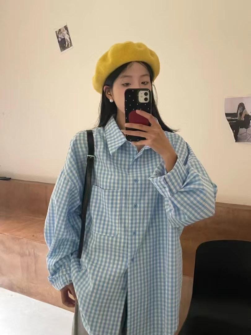 

Женская весенняя клетчатая рубашка в корейском стиле: Большой размер, Свободный, Ретро-кэжуал, Длинный рукав One Size