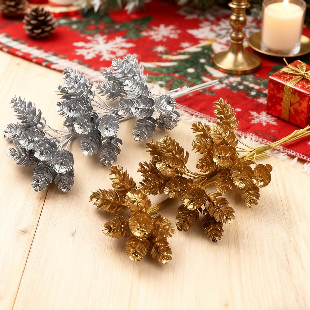 10Pcs/Bundle Gold Silver Christmas Pine Cone Artificial Plants Diy Gifts Box Wedding Decorative Flowers Home Decor Accessories