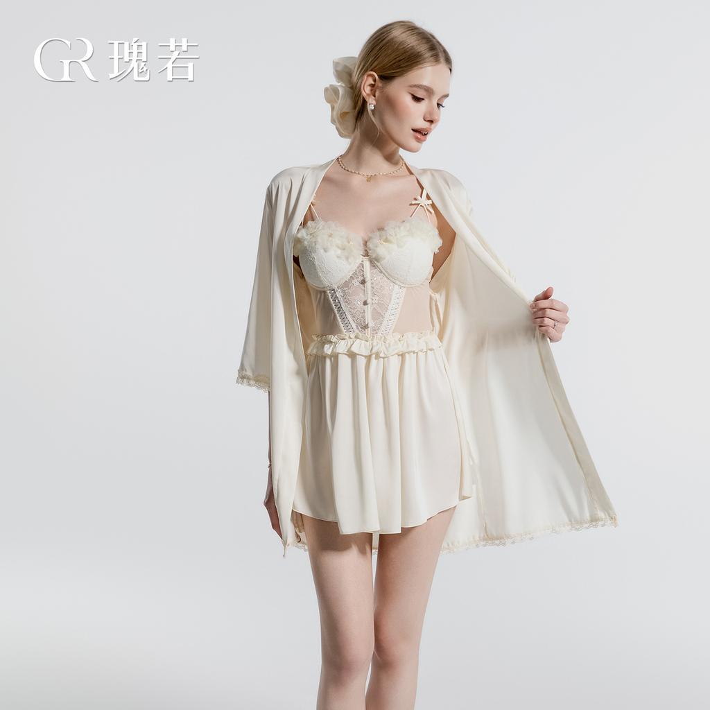 Women's Satin Lace Sheer Cutout Padded Backless Cami Sleep Dress with Robe Lounge Set