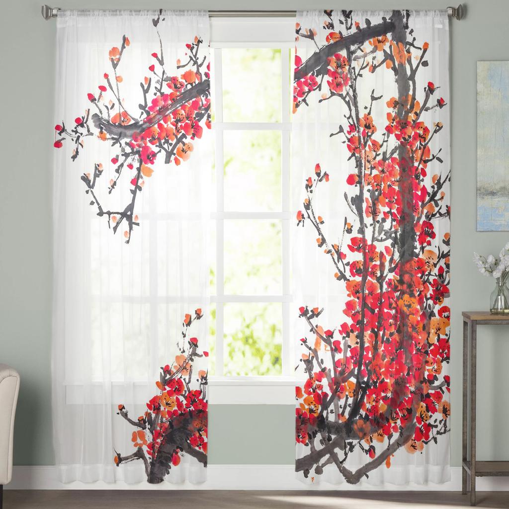 Ink Painting Plum Blossom Branch Flower Plant Tulle Sheer Curtains For Living Room Bedroom Decoration Voile Organza Curtains