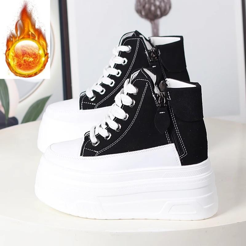 Fashion 12CM Suede Cow Genuine Leather Autumn Ankle Booties Moccasins Chimney Women Chunky Sneakers Boots Spring Fashion Shoes