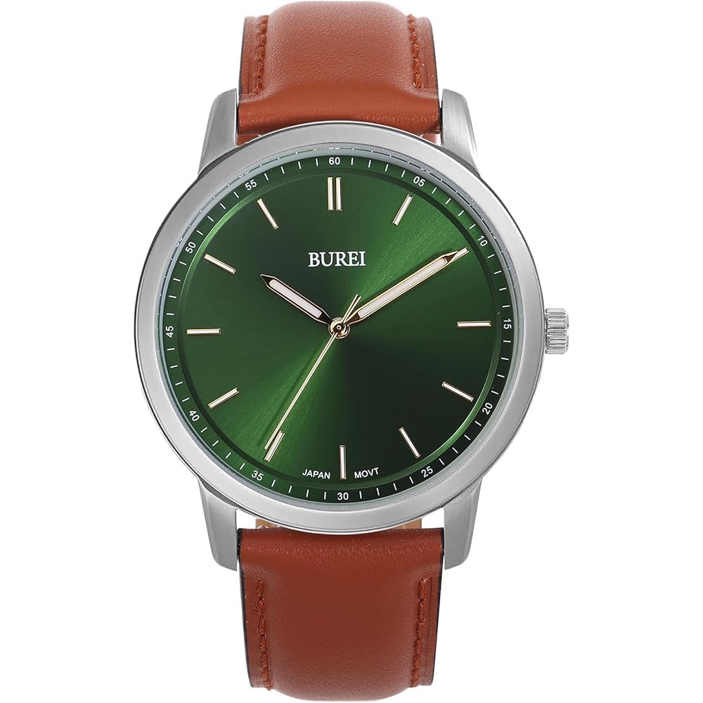BUREI Men s Minimalist Classic Analog Quartz Watch Leather Strap Waterproof Green Brown