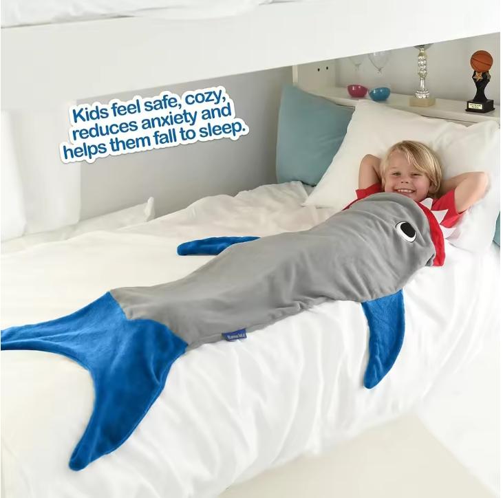 Children Shark Sleeping Bag Ultra-soft Fluffy Flannel Fishtail Blankets Kids Boys Girls Wearable Sleepsack Cozy Fluffy Sleep Bag