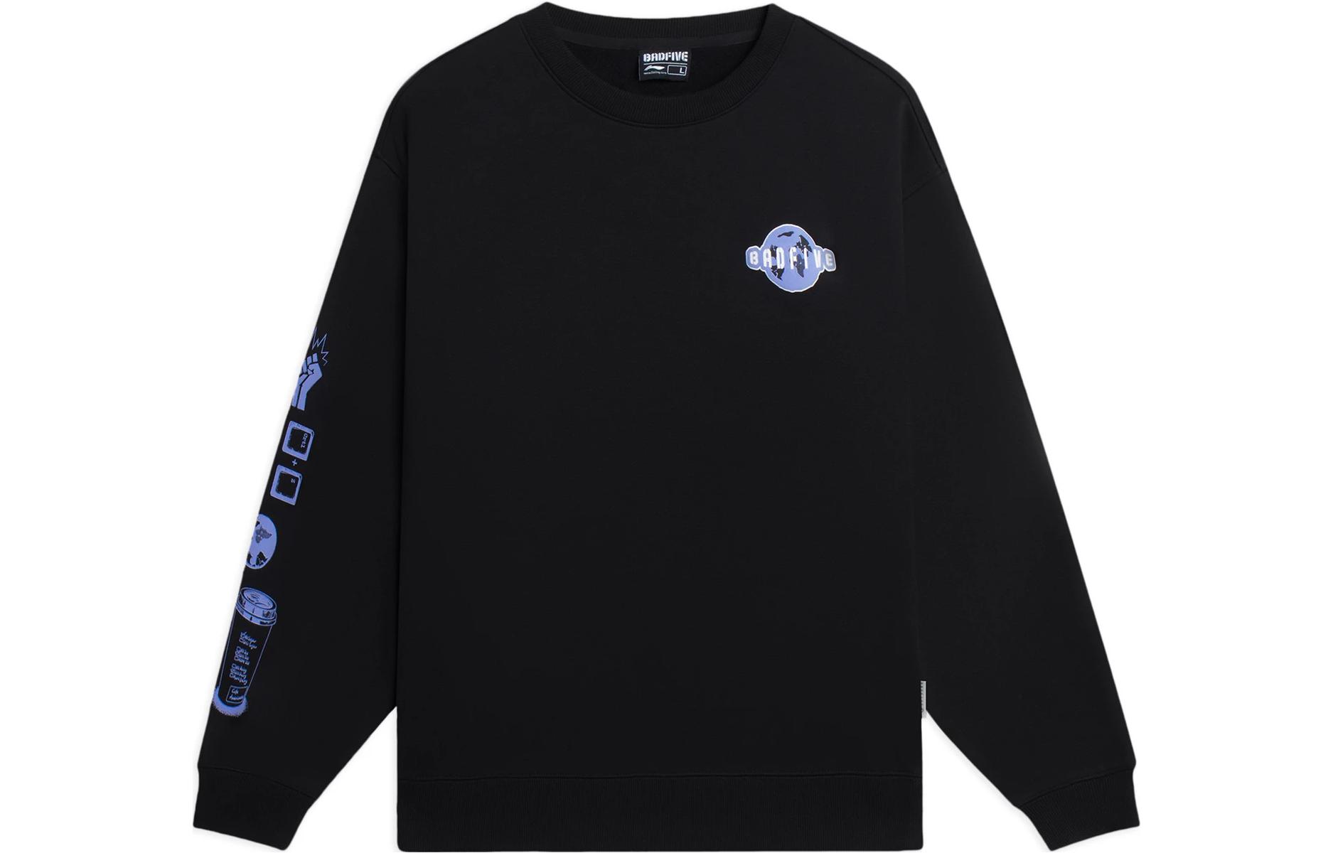 Li Ning Badfive Brand Logo Print Fleece Lined Crew Neck Pullover Long Sleeved Sweatshirt Unisex Black AWDSC01-3 S
