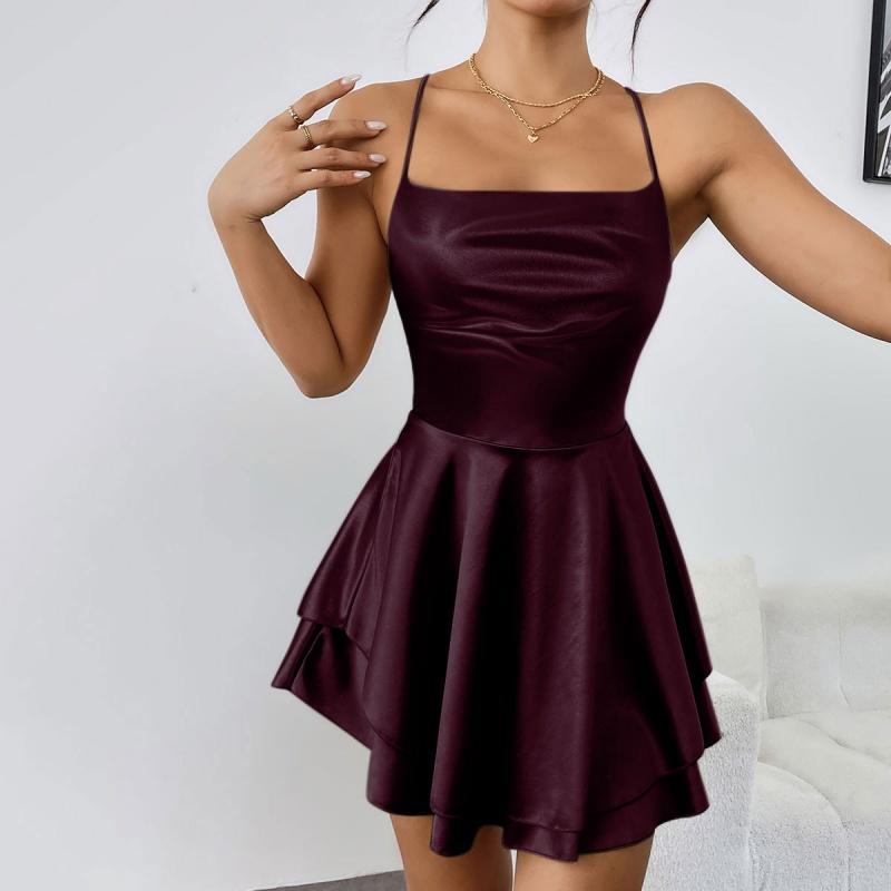 Satin Seide Damen Sexy Cami Playsuits Kleid Solide Wasserfallausschnitt Ärmellos Kurze Jumpsuits Sommer Kreuz Binden Rückenfrei Strampler