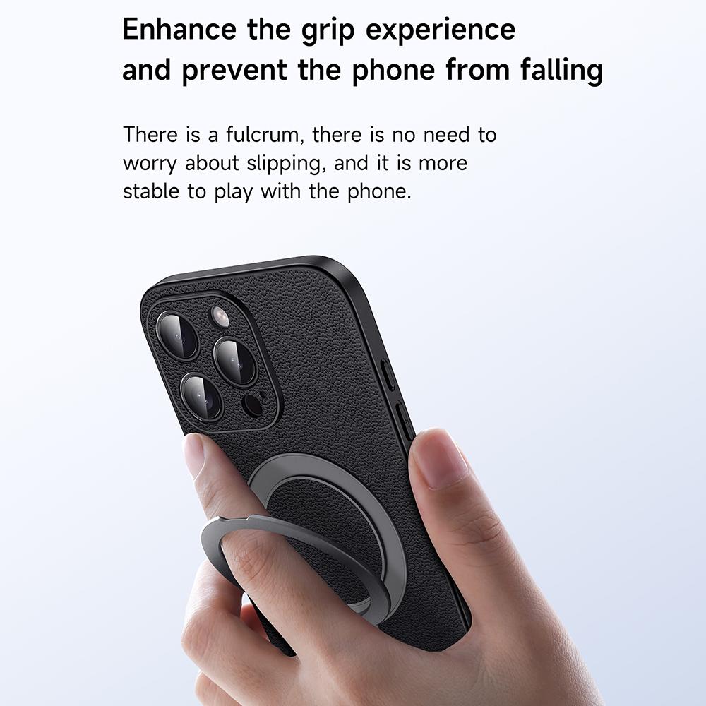 For iPhone 15 Pro Max Case Compatible with MagSafe Genuine Cow Leather+PC Kickstand Phone Cover