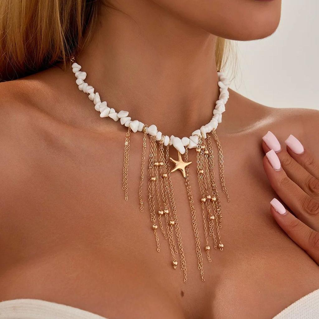 Ingemark Boho Starfish Pendent Necklace for Women Vintage Silver Color Metal Tassel Chokers Chain New Beach Jewelry Accessories
