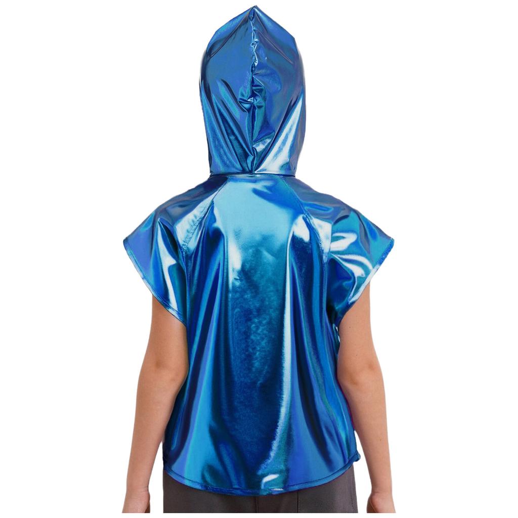 Boys Girls Metallic Hooded Vest Sleeveless Zipper Shiny Hoodie Jazz Dance Stage Performance Vest