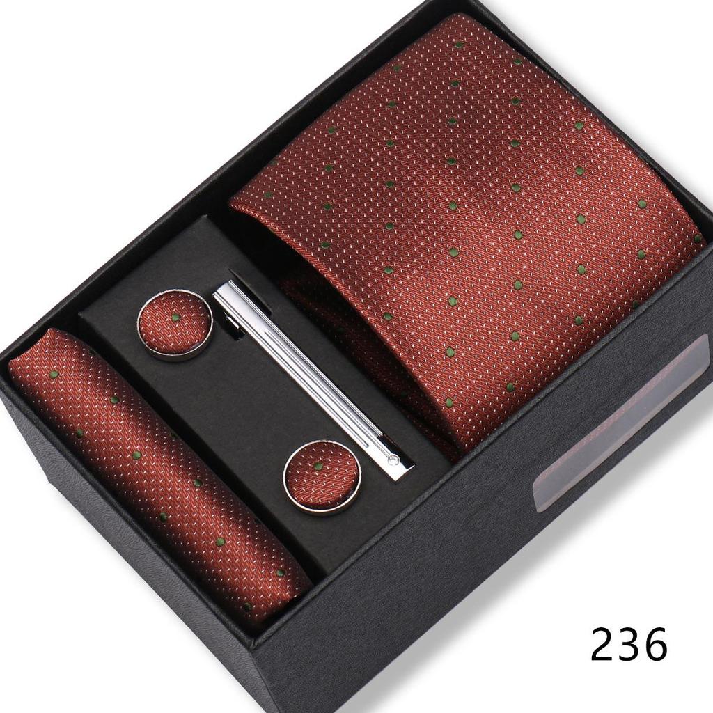 Men's Black & Wine Red Striped Plaid Tie Set with Pocket Square - Formal Wedding Gift Box