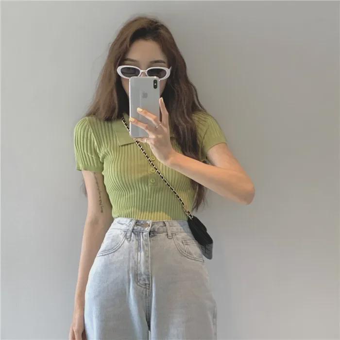 White Polo Collar Short-Sleeve Women's French Chic Top