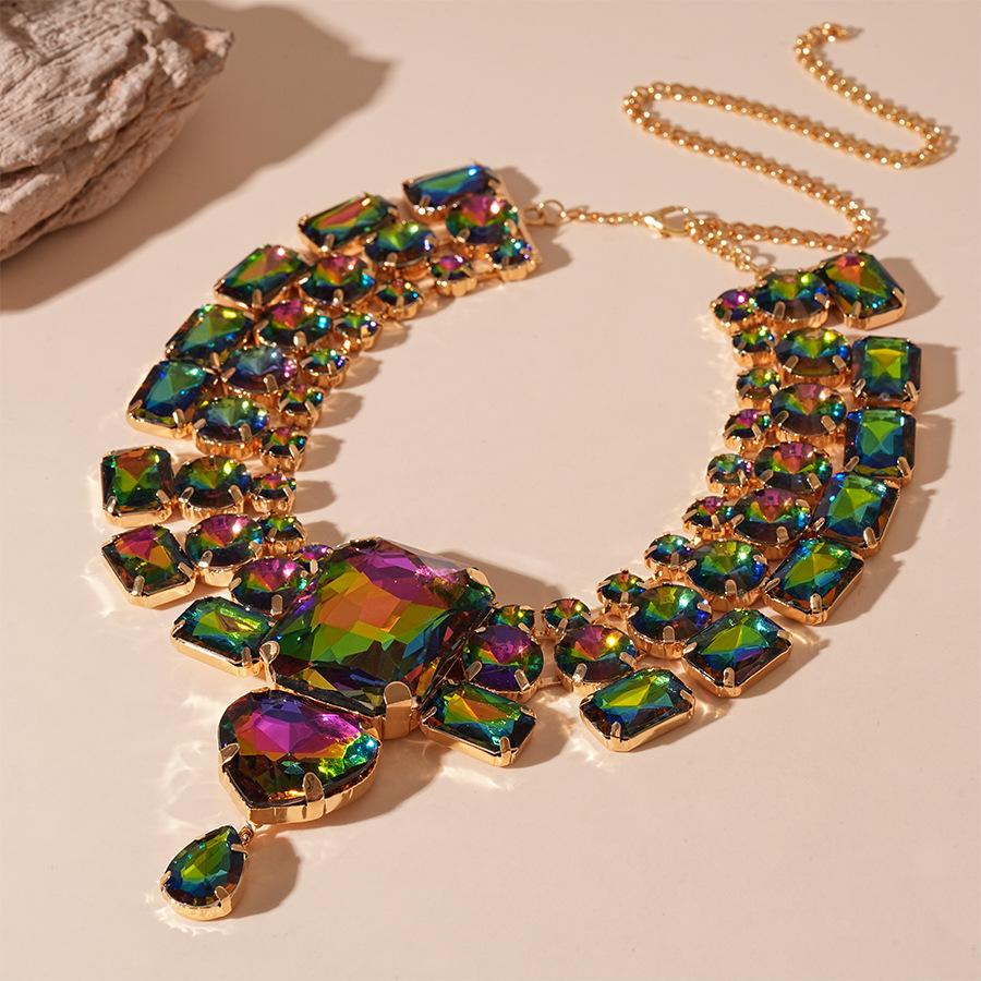 Exaggerated Inlaid Rhinestone Earrings Jewelry Set Square Necklace for Women Wedding Party Accessories