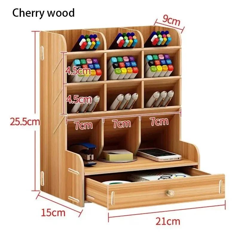 Wooden Pen Holder with Drawer Multi-Functional Desktop Stationary Pencil Box Home Office Art Supplies Rack
