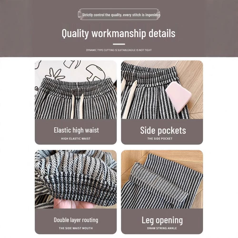 Petite Coffee Pinstripe Casual Women's Wide-Leg Pants, Drawstring High Waist, Relaxed Fit - Perfect for Spring & Autumn.