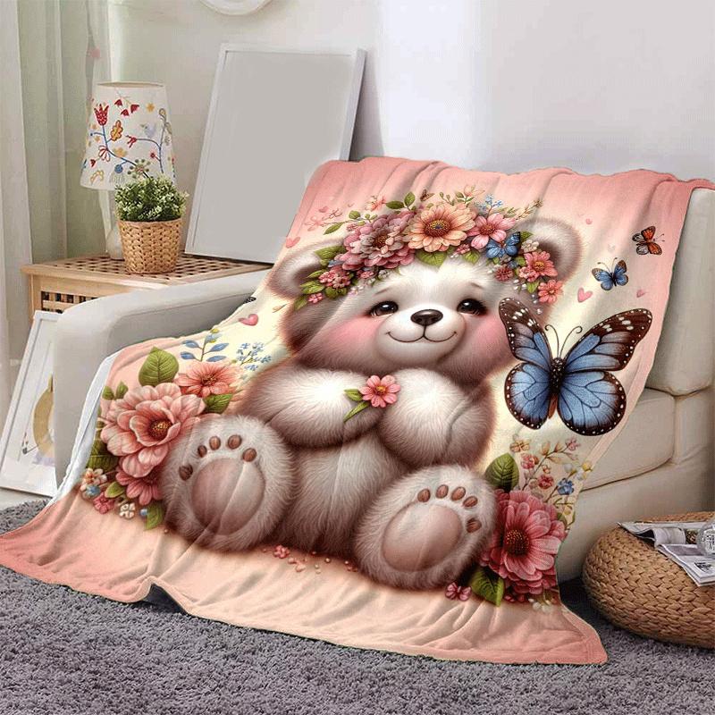 1pc Bear Butterfly Printing Lightweight Flannel Blanket, Comfortable and Warm Blanket, for Camping Sofa Bed and Couch Office, Suitable for Gi