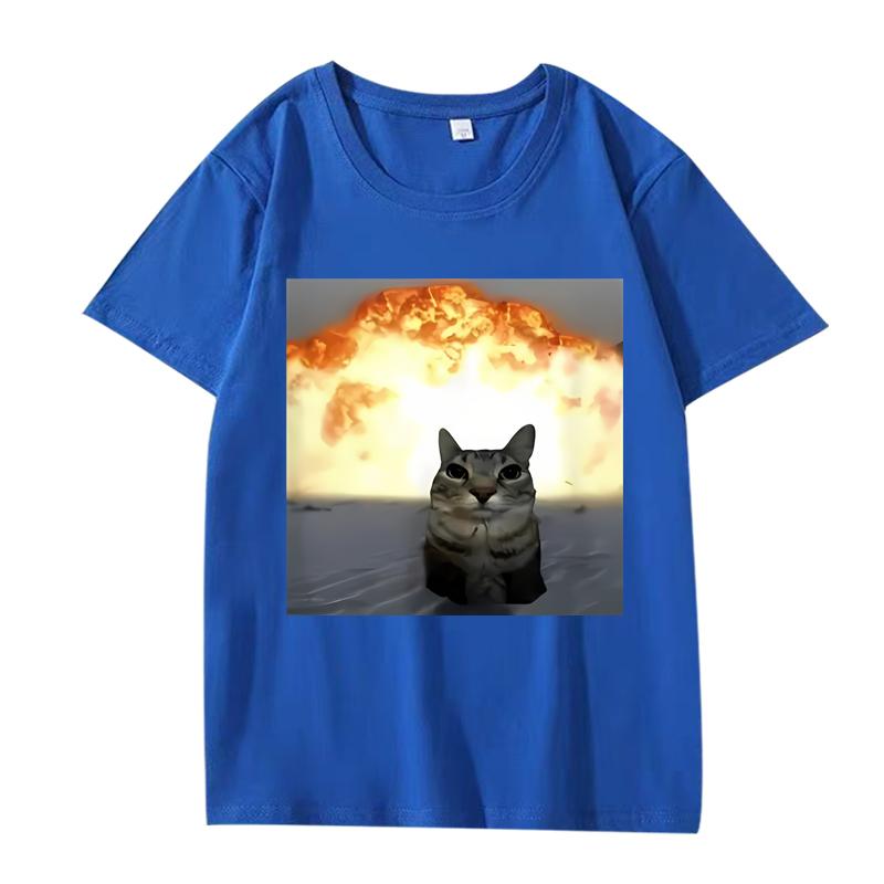 Whimsical Cat Explosion Graphic T Shirt Men Women Oversized 100% Cotton Funny Hot Sale Short Sleeve Summer Print Unisex Tops