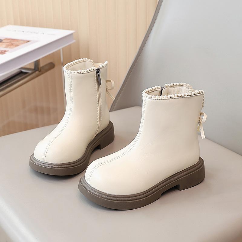 Girls' short boots, foreign princess leather boots, pearl bow children's Martin boots 2025 autumn and winter new fashion single boots