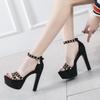 Summer New Versatile 13cm Ultra-high Heel Rivet One-word Buckle Thick Heel Waterproof Table Night Sandals Women