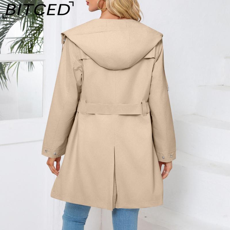 BITCED Women's Spring/Autumn Hooded Water-Resistant Jacket with Belted Waist Lightweight Casual Oversized Trench Coat