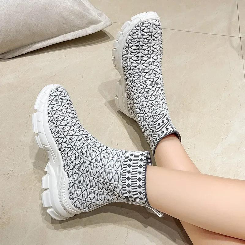 Women's Autumn Stretchy Knitted Ankle Boots Sock Style Slip On Retro Flat Sport Short Boots Female Shoes Botas De Mujer 2024