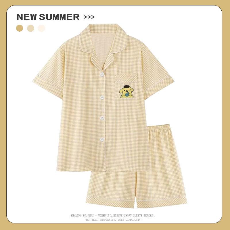 Pudding dog pajamas women s summer short-sleeved shorts pure cotton thin Japanese plaid girls loungewear cardigan set summer M