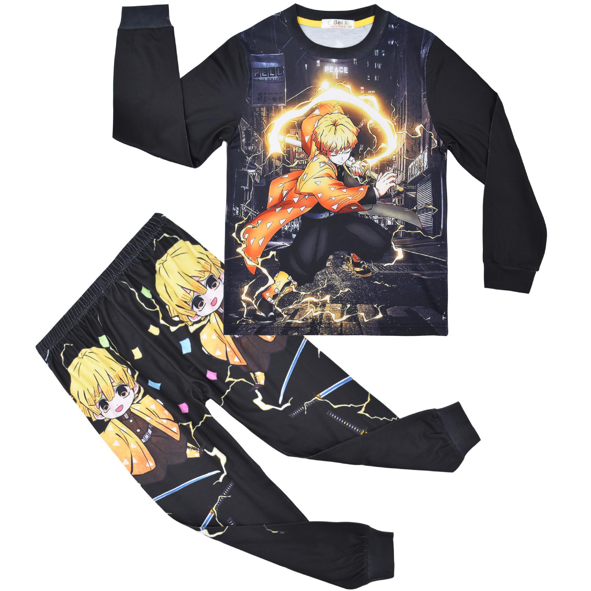 

Детский мальчиковый аниме мультяшный принт Demon Slayer футболка с длинными рукавами топ брюки одежда комплект 130cm чёрный