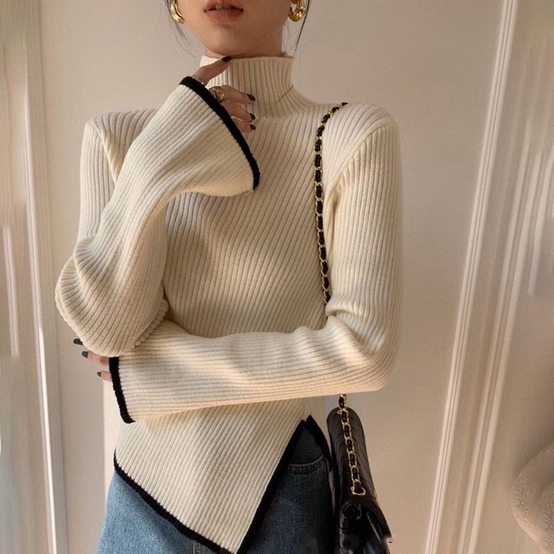 Autumn Elegant Sweater Women Korean Old Money Style Slim Contrast Color Jumper Autumn Winter Casual Knitwear Tops