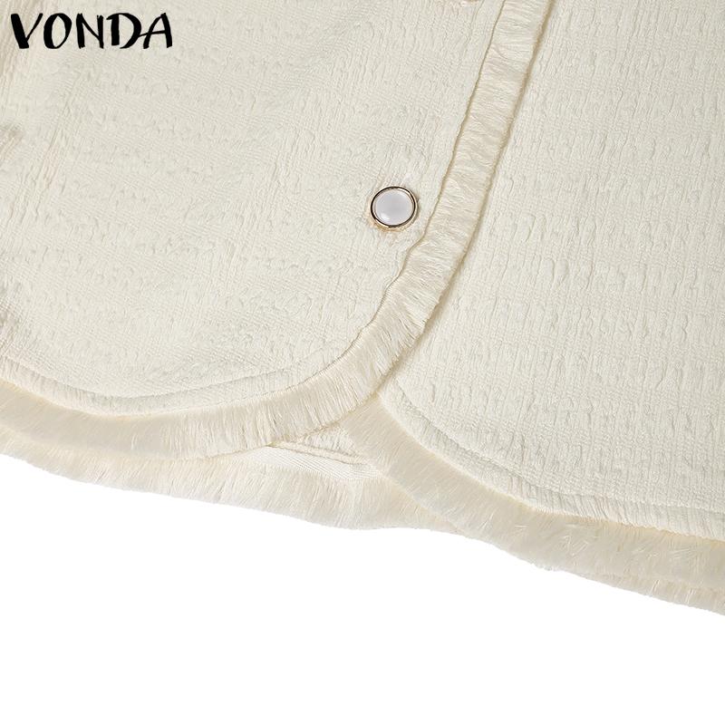 VONDA Elegant Women Short Sleeve Furry Hem Buttons Down Texture Casual Blouse