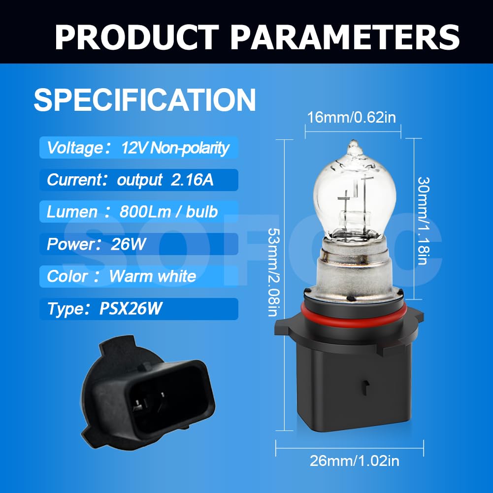 SOFOC PSX26W Car Headlight Fog Light DRL Brake Parking Signal Lamp 26W Warm White 2pcs