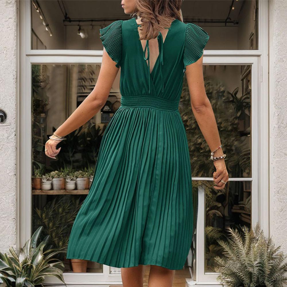 Summer Women's Pleated Short-sleeved Solid Color Dress