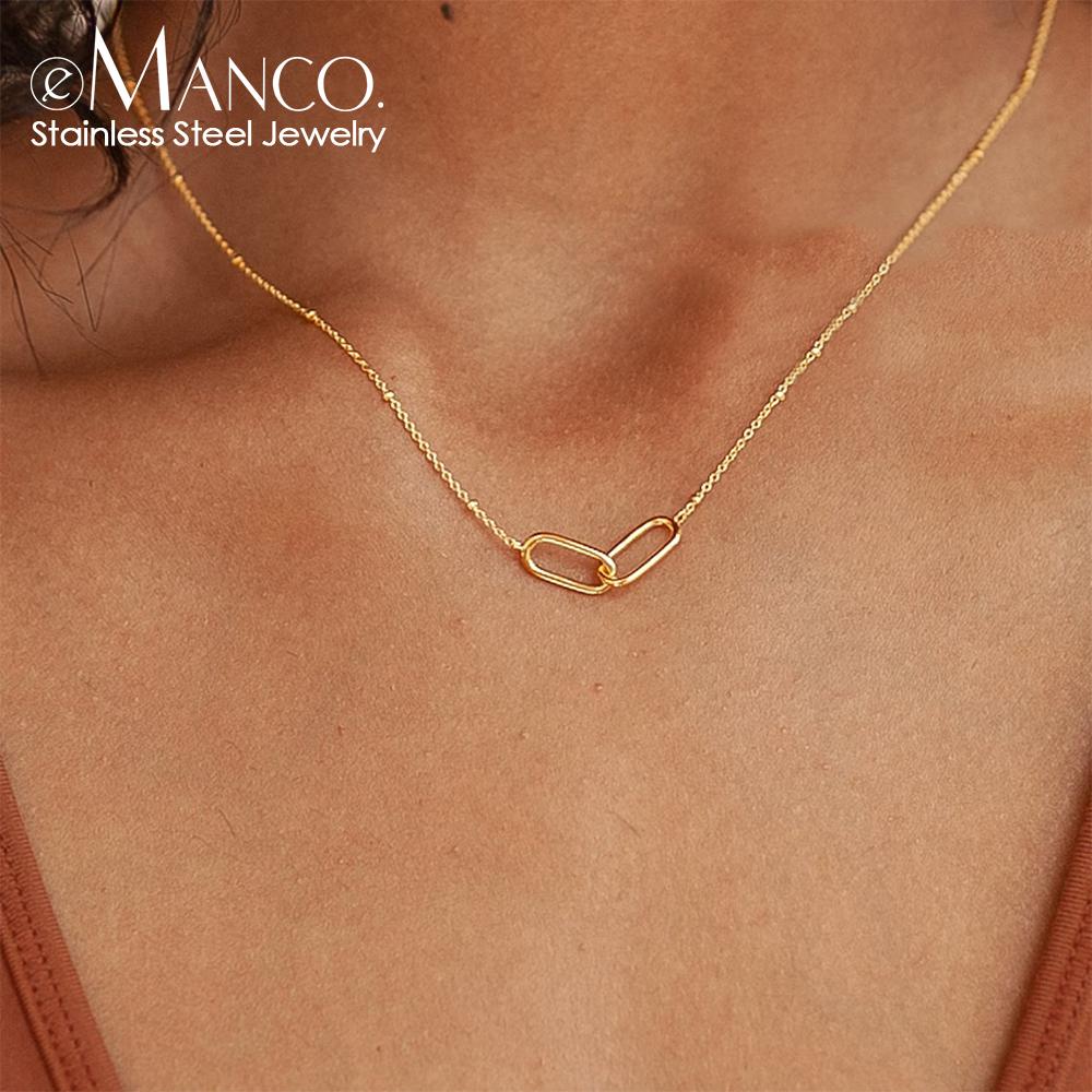 eManco Fashion Stainless Steel Link Infinity Necklace Geometric Double Paperclip Pendant Women's Simple Jewelry