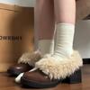 Fur Lining Women Mary Jane Shoes Elegant Square Toe Slip On Footwear 2026 Spring Autumn Keep Warm Ladies Thick Heel Single Shoes