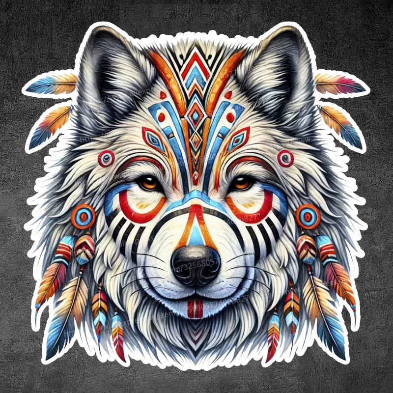 Adesivo per Auto Lupo con Copricapo Indiano Arte Tribale Lupo Arte Nativo Americano Vinile Impermeabile Esterno Paraurti Finestrino Laptop Y194