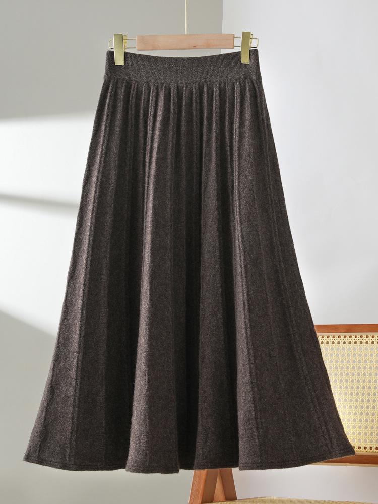 100% Pure Wool Women's Spring-Autumn Mid-Length High-Waisted Pleated A-Line Cashmere Knitted Umbrella Skirt