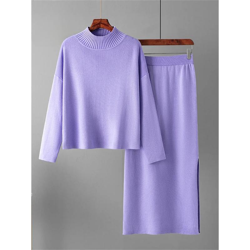 

Модный осенний свитер, комплект из двух предметов, женские свободные теплые пуловеры + длинная юбка с разрезом 2024 года, зимние повседневные трикотажные комплекты XL фиолетовый
