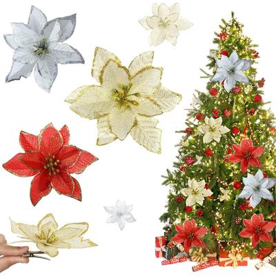 5/10Pcs Glitter Christmas Decoration 13cm Artificial Flowers Xmas Tree Ornament for Home Decor Navidad New Year 2026 Accessories