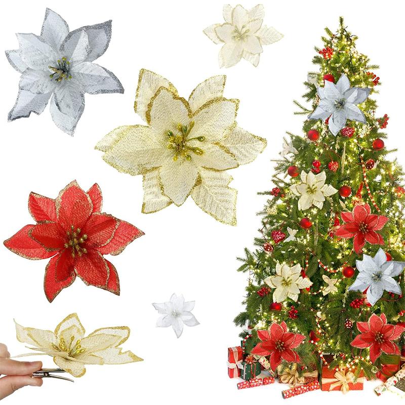 5/10Pcs Glitter Christmas Decoration 13cm Artificial Flowers Xmas Tree Ornament for Home Decor Navidad New Year 2026 Accessories