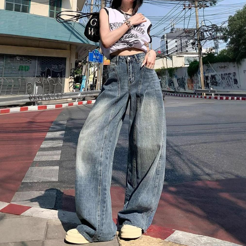 Comfortable Retro Wide Legged Do Old Jeans Skinny High-waisted Loose Straight Machete Trousers Trailing Trousers Jeans for Women Long Denim Pants
