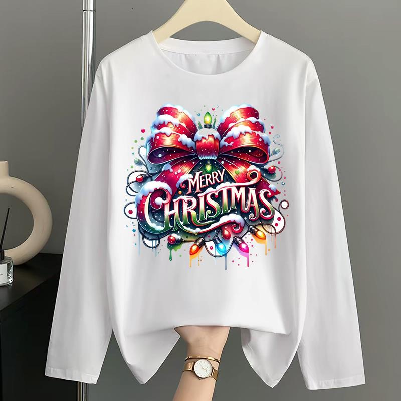 (Asian Size) Women Autumn Winter Letter Sweet 90s Print T Shirt Christmas Holiday Graphic Tee Casual Fashion Top Clothing Long Sleeve T-shirts