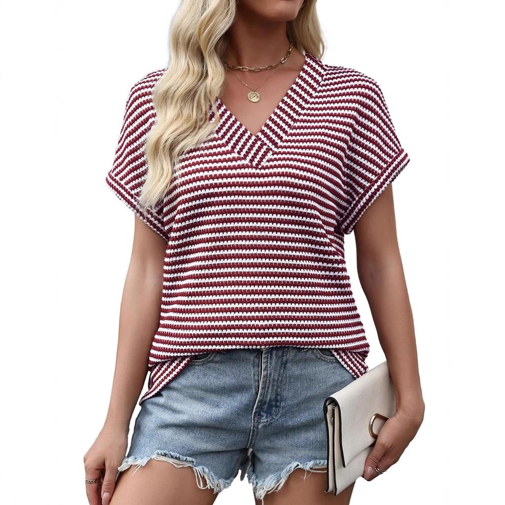 2026 Women's Summer New V-Neck Striped Pineapple Plaid Loose Short Sleeve T-Shirt Top
