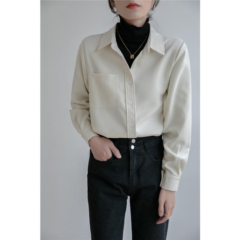 

Осенне-зимняя ретро-рубашка из утолщенного вельвета с начесом, женская свободная рубашка с одним карманом, с длинными рукавами S белый